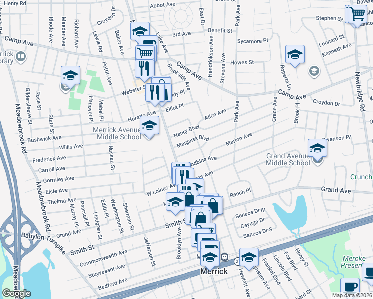 map of restaurants, bars, coffee shops, grocery stores, and more near 16 Margaret Boulevard in Merrick