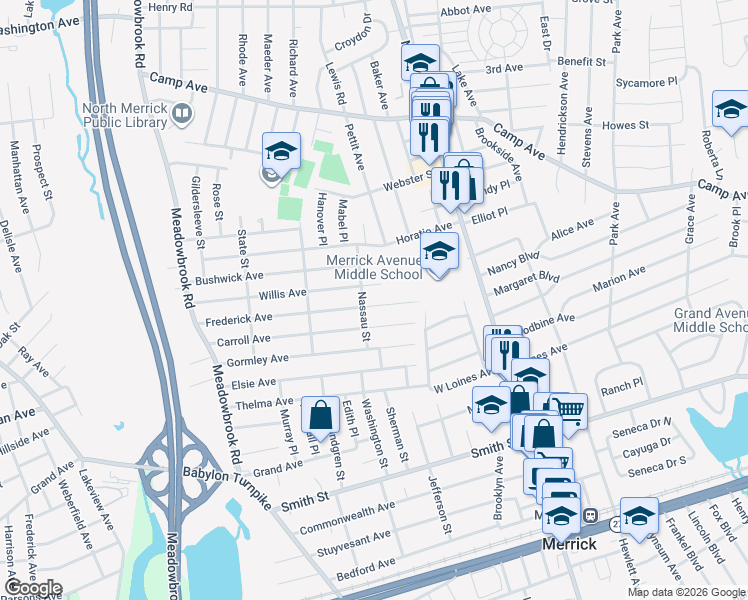 map of restaurants, bars, coffee shops, grocery stores, and more near 1894 Willis Avenue in Merrick