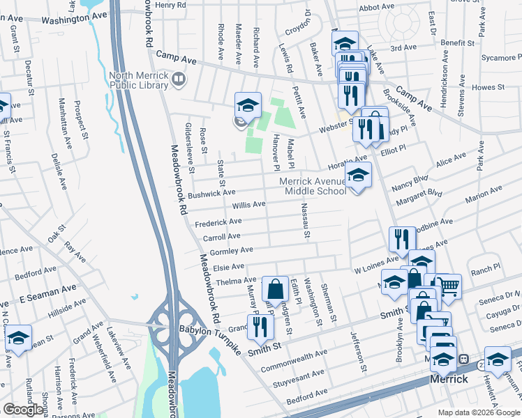 map of restaurants, bars, coffee shops, grocery stores, and more near 1818 Willis Avenue in Merrick