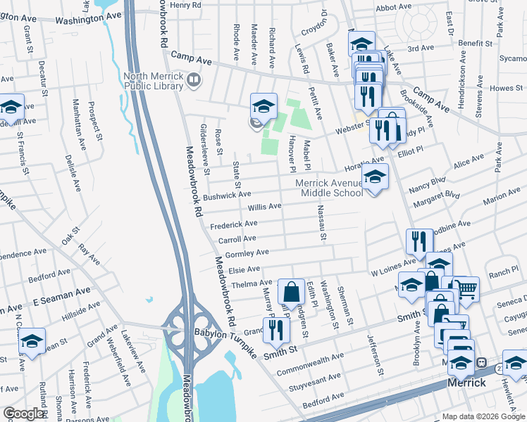 map of restaurants, bars, coffee shops, grocery stores, and more near 1775 Willis Avenue in Merrick