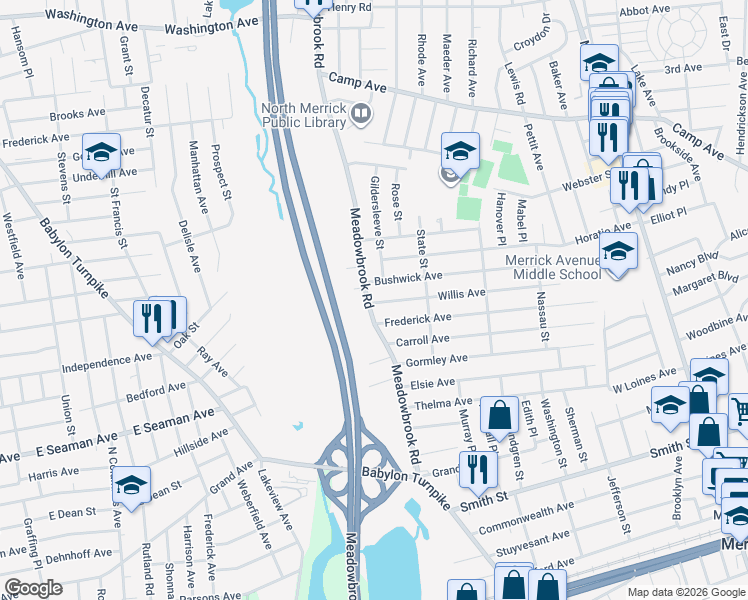map of restaurants, bars, coffee shops, grocery stores, and more near 1695 Willis Avenue in Merrick