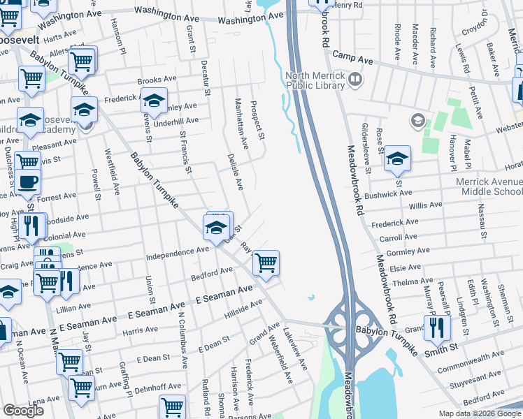 map of restaurants, bars, coffee shops, grocery stores, and more near 98 Oak Street in Freeport