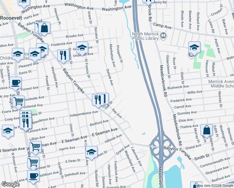 map of restaurants, bars, coffee shops, grocery stores, and more near 19 Delisle Avenue in Roosevelt