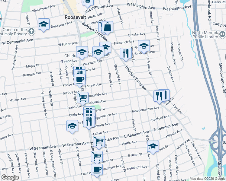 map of restaurants, bars, coffee shops, grocery stores, and more near 37 Powell Street in Roosevelt