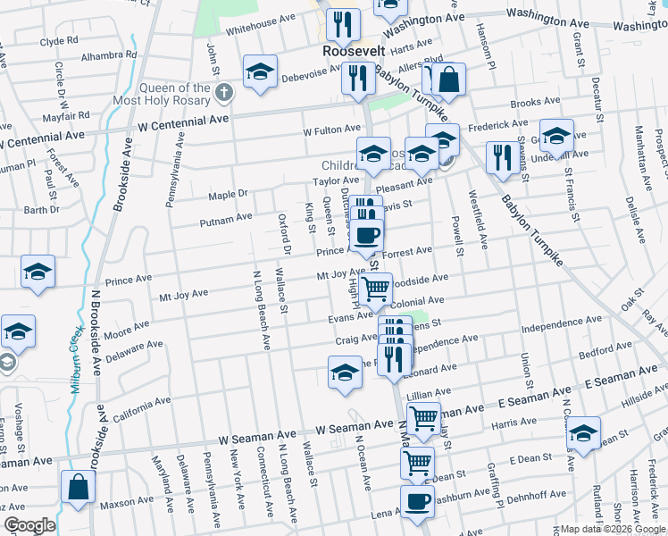 map of restaurants, bars, coffee shops, grocery stores, and more near 39 Prince Avenue in Freeport