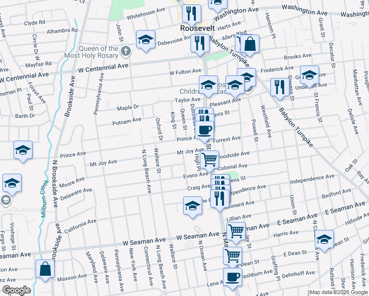 map of restaurants, bars, coffee shops, grocery stores, and more near 39 Prince Avenue in Freeport