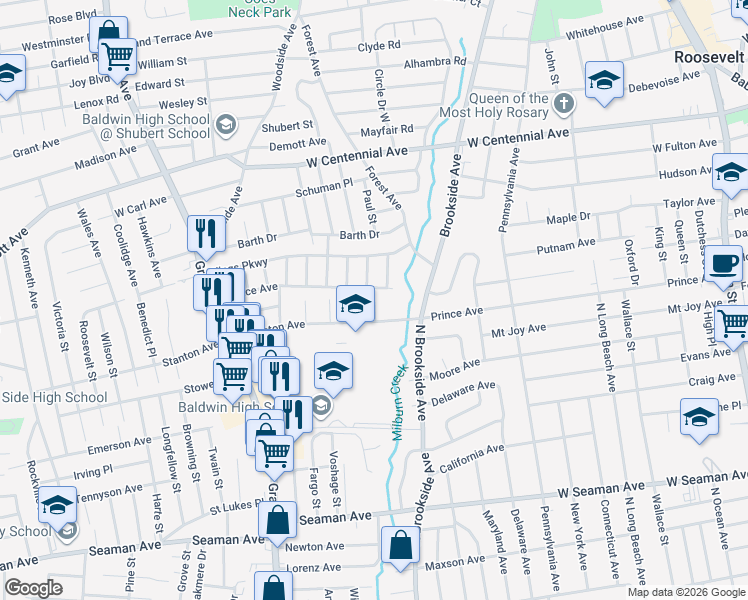 map of restaurants, bars, coffee shops, grocery stores, and more near 980 Wallace Avenue in Baldwin