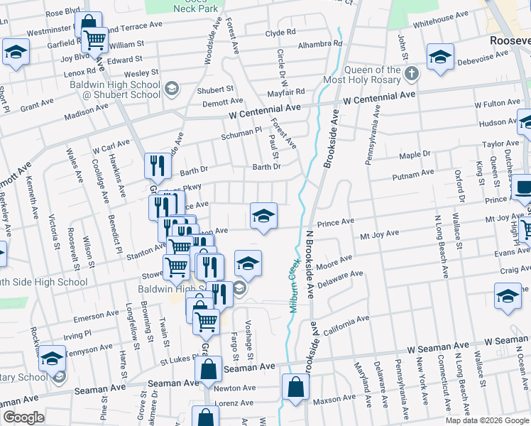 map of restaurants, bars, coffee shops, grocery stores, and more near 980 Wallace Avenue in Baldwin