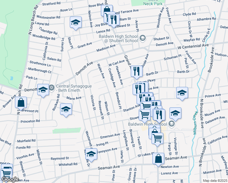 map of restaurants, bars, coffee shops, grocery stores, and more near 1568 Coolidge Avenue in Baldwin