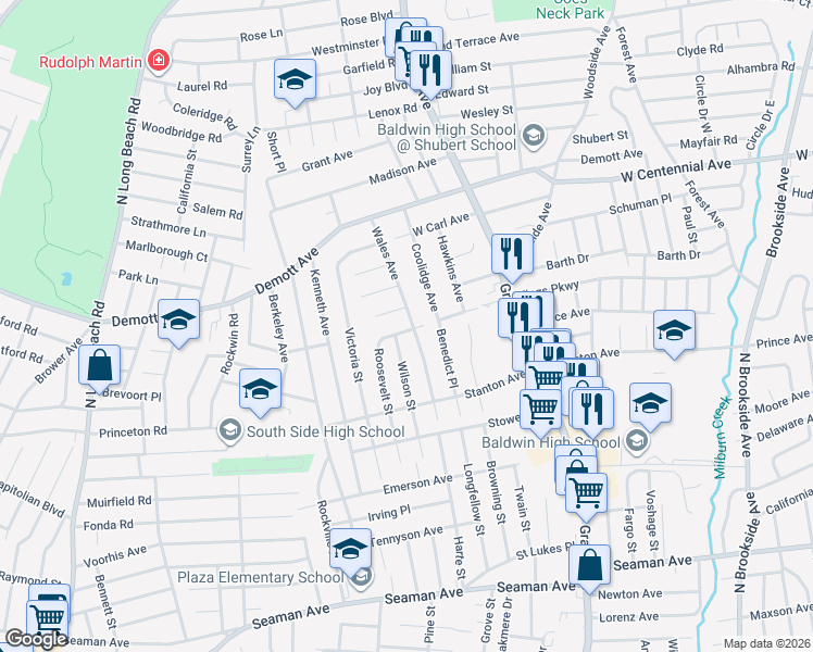 map of restaurants, bars, coffee shops, grocery stores, and more near 614 Colonial Place in Baldwin