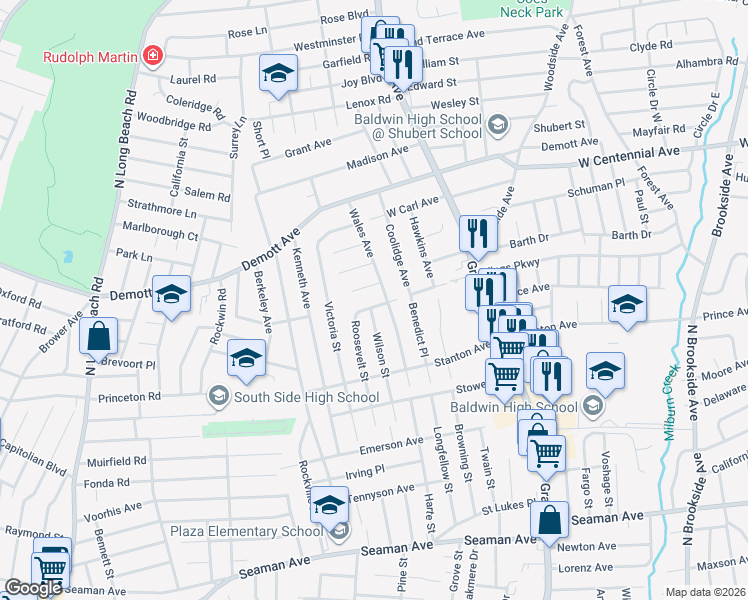 map of restaurants, bars, coffee shops, grocery stores, and more near 614 Colonial Place in Baldwin