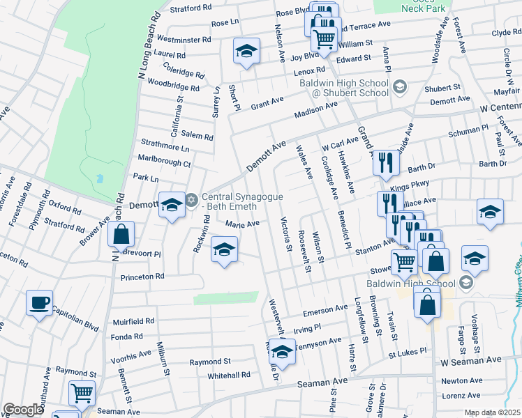 map of restaurants, bars, coffee shops, grocery stores, and more near 1540 Kenneth Avenue in Baldwin