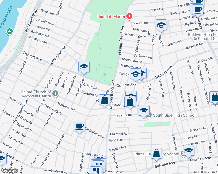 map of restaurants, bars, coffee shops, grocery stores, and more near 314 Demott Avenue in Rockville Centre
