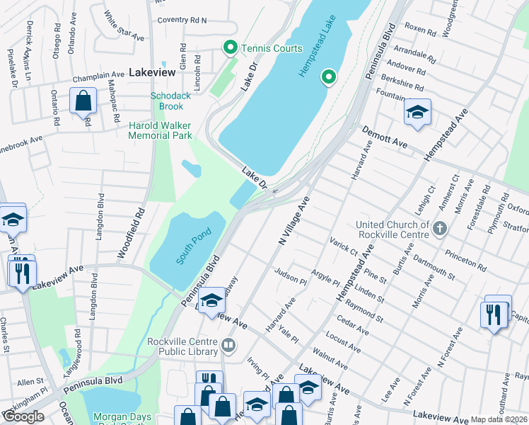 map of restaurants, bars, coffee shops, grocery stores, and more near 153 Broadway in Rockville Centre