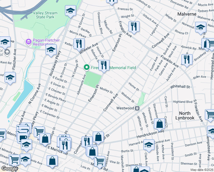 map of restaurants, bars, coffee shops, grocery stores, and more near 22 Webster Street in Valley Stream