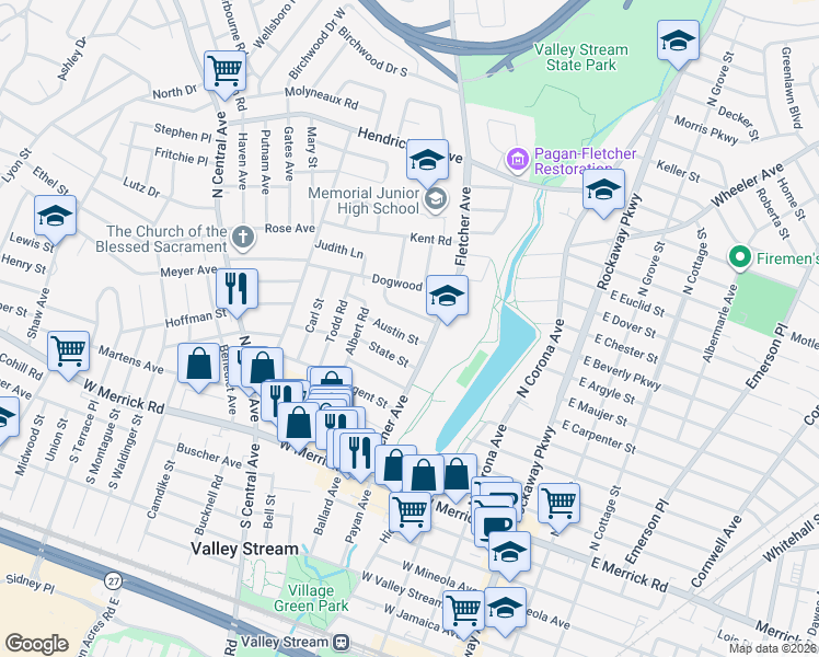 map of restaurants, bars, coffee shops, grocery stores, and more near 31 Austin Street in Valley Stream