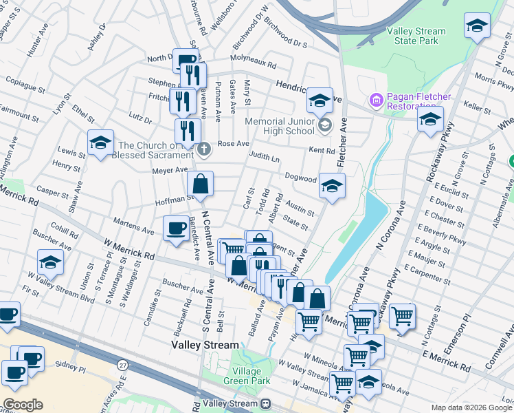map of restaurants, bars, coffee shops, grocery stores, and more near 58 Carl Street in Valley Stream