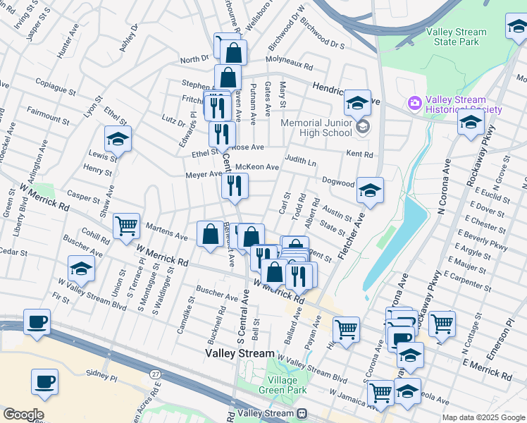 map of restaurants, bars, coffee shops, grocery stores, and more near in Valley Stream