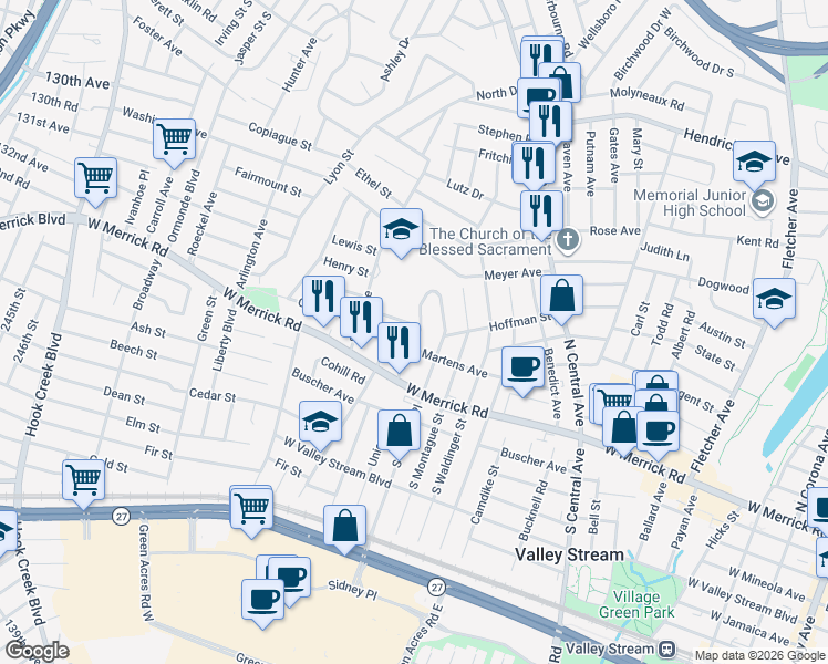 map of restaurants, bars, coffee shops, grocery stores, and more near 58 Marlow Road in Valley Stream