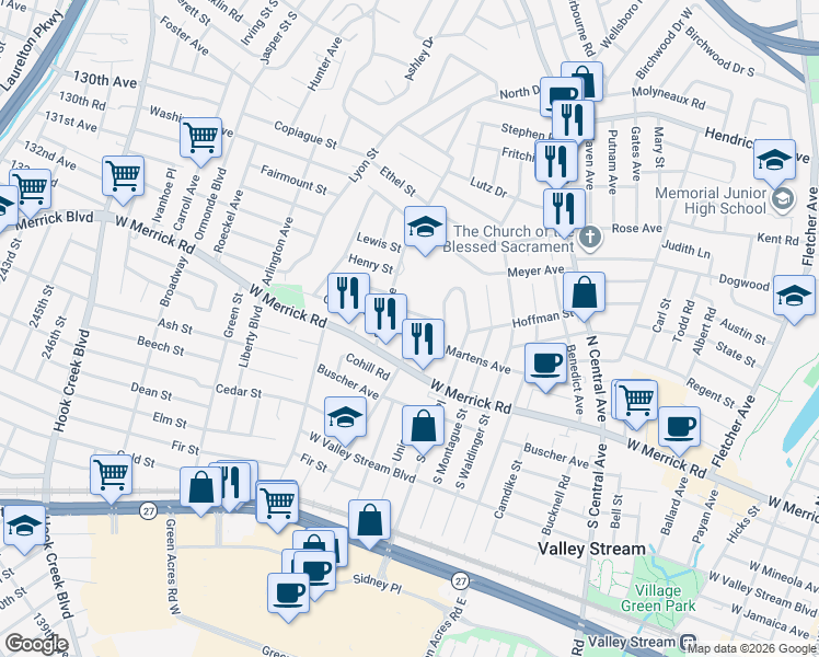 map of restaurants, bars, coffee shops, grocery stores, and more near 185 Martens Avenue in Valley Stream