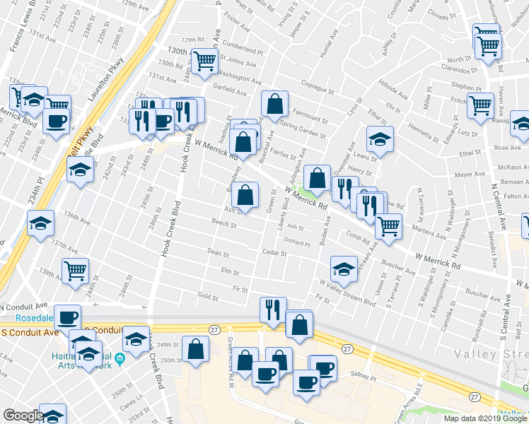map of restaurants, bars, coffee shops, grocery stores, and more near 121 Ash Street in Valley Stream