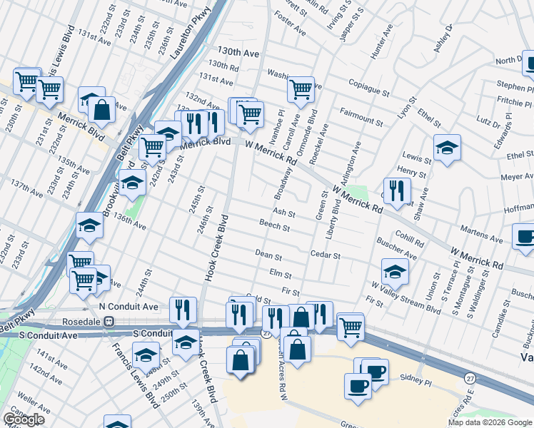 map of restaurants, bars, coffee shops, grocery stores, and more near 190 134th Avenue in Valley Stream