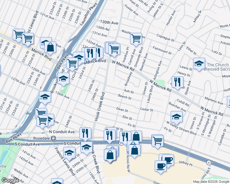 map of restaurants, bars, coffee shops, grocery stores, and more near 190 134th Avenue in Valley Stream