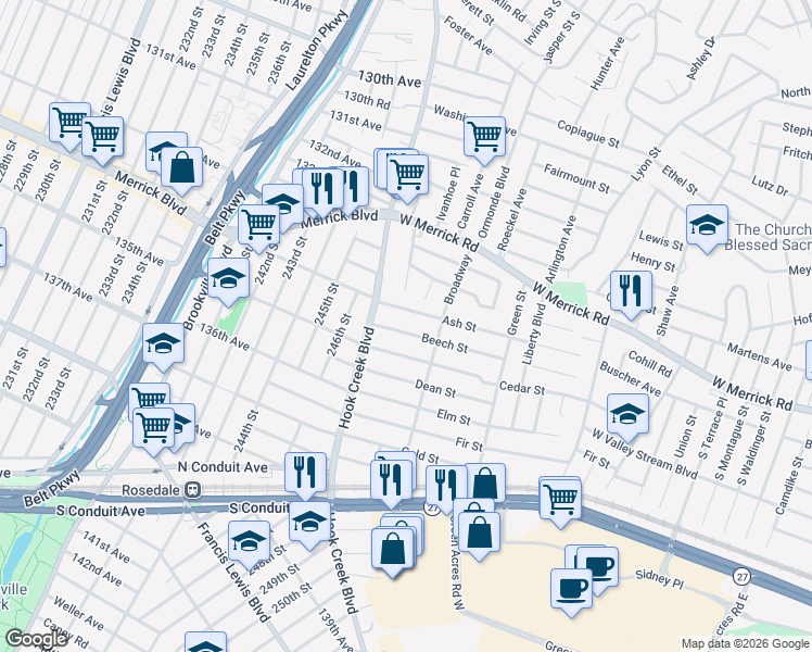 map of restaurants, bars, coffee shops, grocery stores, and more near 190 134th Avenue in Valley Stream