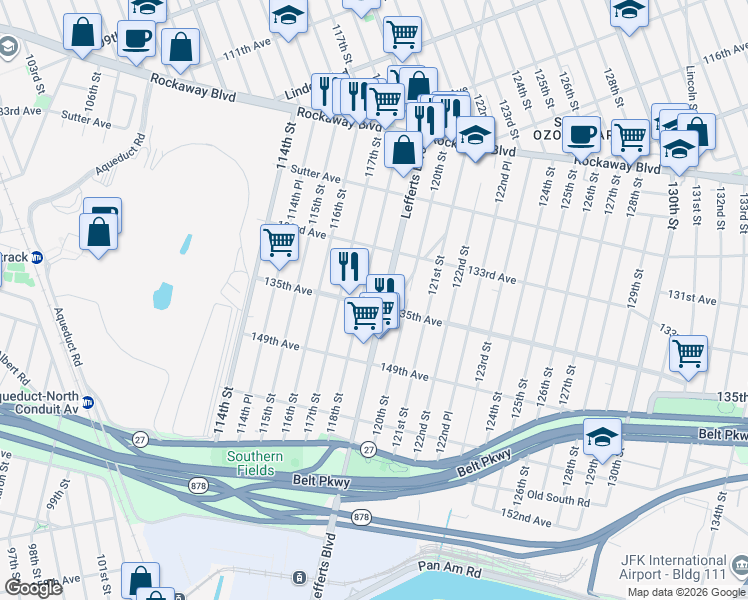 map of restaurants, bars, coffee shops, grocery stores, and more near 133-50 Lefferts Boulevard in Queens