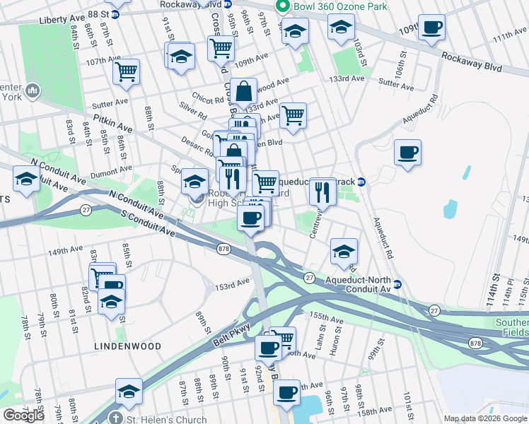 map of restaurants, bars, coffee shops, grocery stores, and more near 137-44 94th Street in Queens