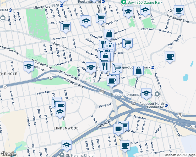 map of restaurants, bars, coffee shops, grocery stores, and more near 138-11 Lafayette Street in Queens