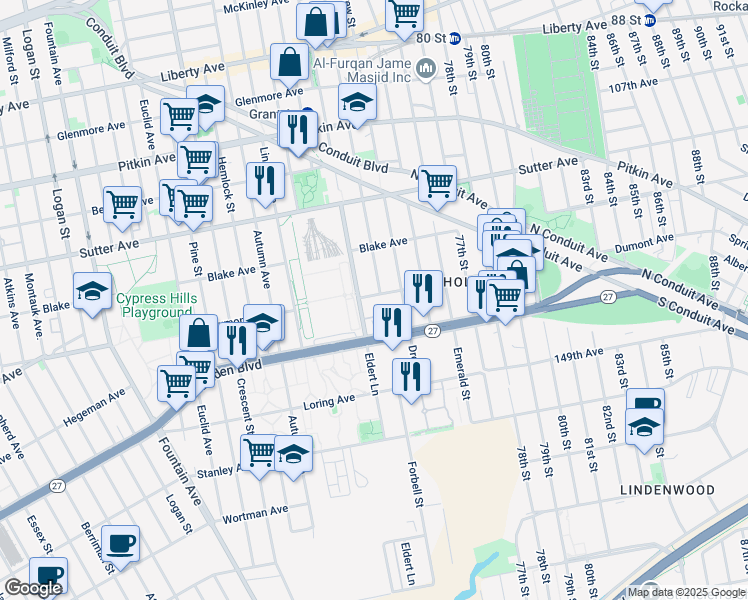 map of restaurants, bars, coffee shops, grocery stores, and more near 790 Eldert Lane in Brooklyn