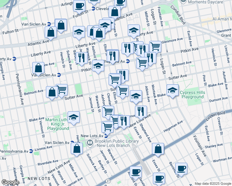 map of restaurants, bars, coffee shops, grocery stores, and more near 491 Elton Street in Brooklyn