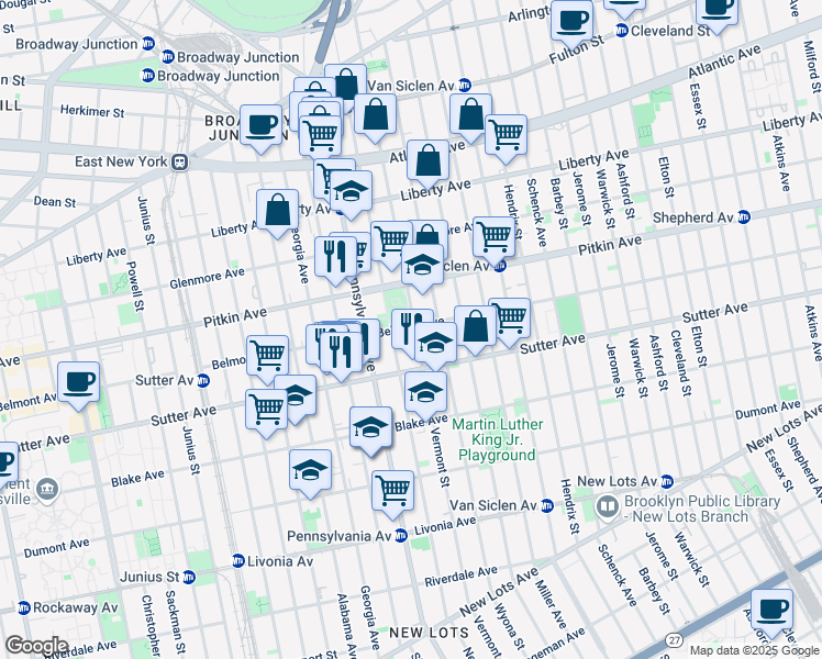 map of restaurants, bars, coffee shops, grocery stores, and more near 355 New Jersey Avenue in Brooklyn