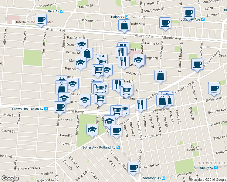 map of restaurants, bars, coffee shops, grocery stores, and more near 1662 Sterling Place in Brooklyn