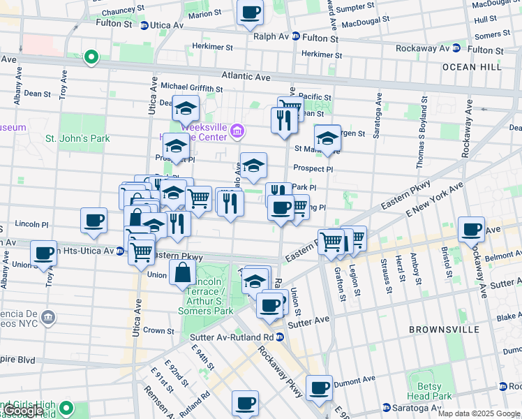 map of restaurants, bars, coffee shops, grocery stores, and more near 1647 Sterling Place in Brooklyn