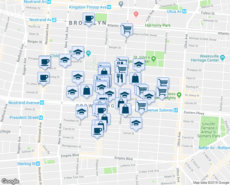 map of restaurants, bars, coffee shops, grocery stores, and more near 1120 Saint Johns Place in Brooklyn