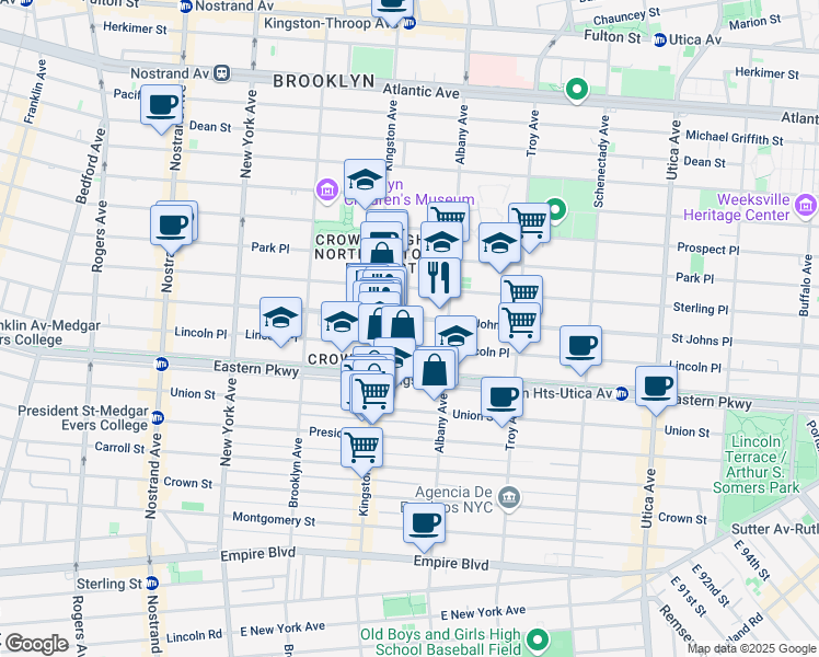 map of restaurants, bars, coffee shops, grocery stores, and more near 1120 Saint Johns Place in Brooklyn