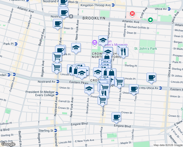map of restaurants, bars, coffee shops, grocery stores, and more near 1034 Saint Johns Place in Brooklyn