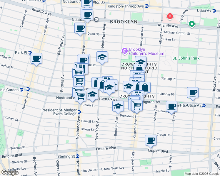 map of restaurants, bars, coffee shops, grocery stores, and more near 992 Saint Johns Place in Brooklyn