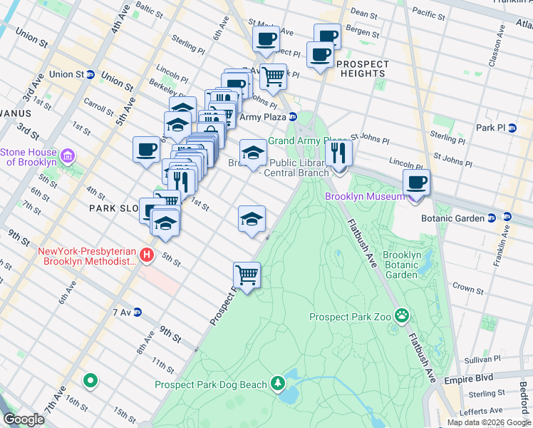 map of restaurants, bars, coffee shops, grocery stores, and more near 51 Montgomery Place in Brooklyn