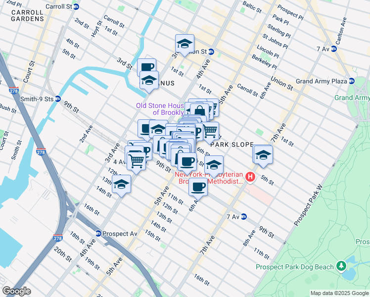 map of restaurants, bars, coffee shops, grocery stores, and more near 307 7th Street in Brooklyn