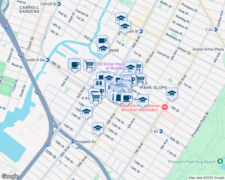 map of restaurants, bars, coffee shops, grocery stores, and more near 225 8th Street in Brooklyn