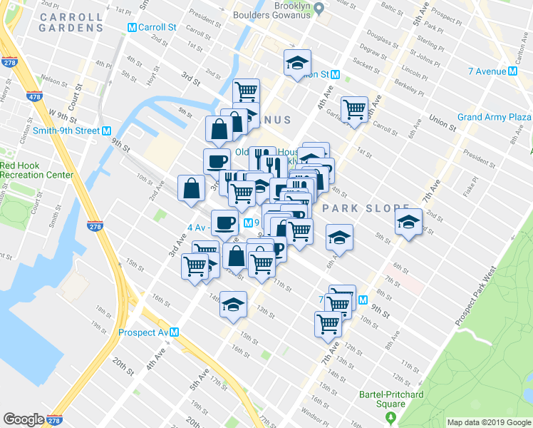 map of restaurants, bars, coffee shops, grocery stores, and more near 225 8th Street in Brooklyn