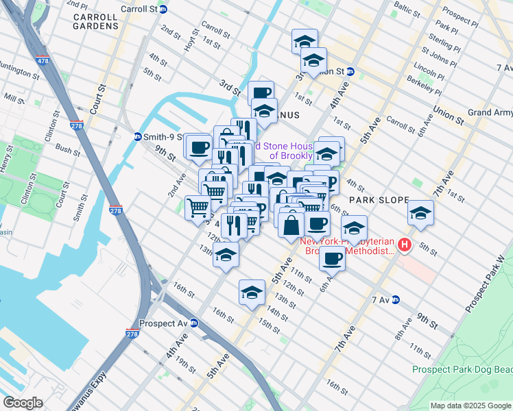 map of restaurants, bars, coffee shops, grocery stores, and more near 252 9th Street in Brooklyn
