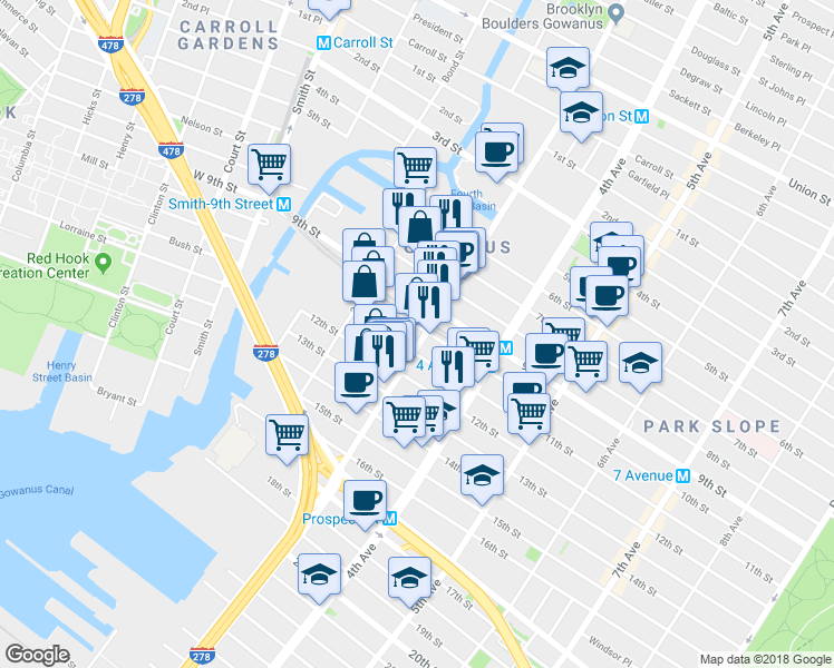 map of restaurants, bars, coffee shops, grocery stores, and more near 198 10th Street in Brooklyn