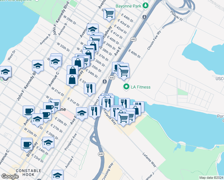 map of restaurants, bars, coffee shops, grocery stores, and more near 20 Goldsborough Drive in Bayonne