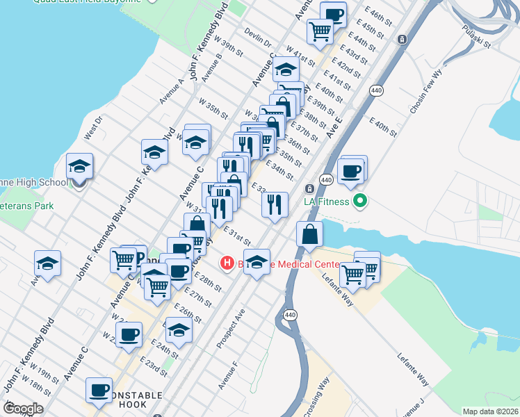 map of restaurants, bars, coffee shops, grocery stores, and more near 29 Willow Street in Bayonne