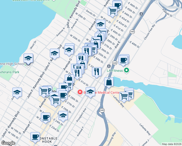 map of restaurants, bars, coffee shops, grocery stores, and more near 29-31 Willow Street in Bayonne
