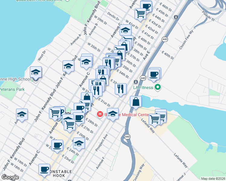map of restaurants, bars, coffee shops, grocery stores, and more near 29 Willow Street in Bayonne